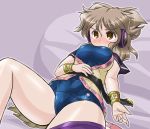  1girl blue_swimsuit blush bracelet breasts brown_eyes brown_hair commentary_request earmuffs jewelry large_breasts lying on_back school_swimsuit solo swimsuit swimsuit_under_clothes touhou toyosatomimi_no_miko winn 