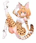  1girl animal_ears boots bow bowtie cat_ears cat_tail elbow_gloves gloves kemono_friends looking_at_viewer official_art open_mouth orange_hair serval short_hair simple_background skirt solo tail thigh-highs white_background yellow_eyes yoshizaki_mine 