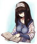  1girl black_hair blue_eyes book breasts collarbone commentary_request cowboy_shot hair_between_eyes hairband holding holding_book idolmaster idolmaster_cinderella_girls jewelry long_hair long_sleeves medium_breasts naga1047 necklace off-shoulder_sweater open_book pendant reading ribbed_sweater sagisawa_fumika shawl solo sweater upper_body 