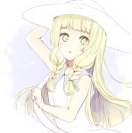  1girl bangs bare_arms bare_shoulders blonde_hair blunt_bangs braid character_name collared_dress dress green_eyes hat lillie_(pokemon) long_hair looking_at_viewer open_mouth pokemon pokemon_(game) pokemon_sm sleeveless sleeveless_dress solo sun_hat sundress twin_braids upper_body white_dress white_hat yuri_(ccsmc_y9) 