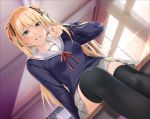  1girl blonde_hair classroom desk dutch_angle from_below green_eyes long_hair nayuta69 on_desk original parted_lips school_uniform sitting sitting_on_desk smile solo thigh-highs twintails window 