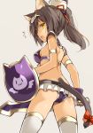  1girl animal_ears armor ass bikini bikini_armor breasts brown_hair cat_ears cat_tail fingerless_gloves gloves looking_at_viewer looking_back medium_breasts oota_yuuichi pauldrons ponytail pop-up_story purple_bikini purple_gloves shield simple_background solo suzuna_isurugi swimsuit sword tail thigh-highs weapon white_legwear yellow_eyes 