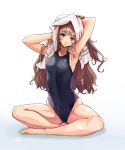  1girl black_swimsuit brown_hair competition_swimsuit idolmaster idolmaster_cinderella_girls indian_style kamiya_nao looking_at_viewer naga1047 one-piece_swimsuit red_eyes sitting solo swimsuit towel towel_on_head wet 