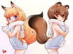 2girls :d animal_ears backless_outfit blonde_hair blue_eyes blush breasts brown_eyes brown_hair dress eyebrows_visible_through_hair fang fox_ears fox_tail gloves large_breasts lee_(colt) long_hair looking_at_viewer multiple_girls naked_sweater open-back_dress open_mouth original raccoon_ears raccoon_tail scarf short_eyebrows short_hair sideboob simple_background slit_pupils smile sweater sweater_dress tail thigh-highs virgin_killer_sweater white_gloves white_legwear zettai_ryouiki 