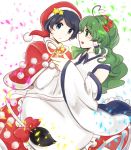  2girls adapted_costume alternate_headwear blue_eyes bow commentary_request confetti cow_tail detached_sleeves doremy_sweet frog_hair_ornament green_eyes green_hair hair_ornament hat kochiya_sanae long_hair multiple_girls open_mouth pom_pom_(clothes) red_bow santa_hat short_hair snake_hair_ornament star tail tail_bow tama_(hiroshige_36) touhou 