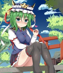  1girl arm_ribbon black_legwear black_skirt blue_eyes blush commentary_request flower green_hair guard_bento_atsushi hat hat_ribbon highres holding holding_flower long_sleeves looking_at_viewer miniskirt ribbon ribbon-trimmed_skirt shiki_eiki short_hair shrine sitting skirt smile solo thigh-highs touhou vest wariza 