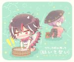  23_(candy_chapus) 2girls black_hair blush bowl bowl_hat bucket chibi dress dress_lift embarrassed fishing_hook hat horns japanese_clothes kijin_seija kimono multicolored_hair multiple_girls nose_blush obi pink_eyes pink_kimono purple_hair sash short_ponytail streaked_hair sukuna_shinmyoumaru touhou washing white_dress wide_sleeves 