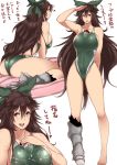  1girl ass between_breasts bow breasts brown_eyes brown_hair hair_bow kneeling large_breasts long_hair one-piece_swimsuit reiuji_utsuho sideboob simple_background sitting smile solo swimsuit third_eye tobisawa touhou translation_request very_long_hair wariza wet wet_clothes wet_swimsuit white_background 