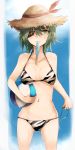  1girl absurdres ball beachball bikini breasts cleavage collarbone commentary_request food green_hair hair_between_eyes hat highres kantai_collection kiso_(kantai_collection) looking_at_viewer medium_breasts mouth_hold popsicle short_hair side-tie_bikini solo ssadddsa_(dime_zero) straw_hat striped striped_bikini sun_hat swimsuit yellow_eyes 