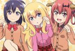  3girls :3 bat_hair_ornament blonde_hair blue_eyes blush bow bowtie cardigan collared_shirt demon_horns eyebrows_visible_through_hair fang gabriel_dropout hair_between_eyes hair_ornament hair_rings horns jacket kurumizawa_satanichia_mcdowell long_hair long_sleeves looking_at_viewer messy_hair multiple_girls necktie open_mouth pink_eyes plaid plaid_skirt purple_hair redhead school_uniform servachok shirt short_hair skirt smile tenma_gabriel_white track_jacket tsukinose_vignette_april violet_eyes x_hair_ornament 