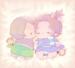  2boys =_= ayako_(nekomomo) baby bow brown_hair character_doll closed_eyes hair_bow japanese_clothes lying male_focus multiple_boys on_back on_stomach one_side_up otegine redhead shorts sleeping tonbokiri_(touken_ranbu) touken_ranbu younger 