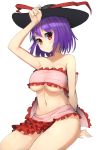  1girl absurdres bare_shoulders blush breasts cleavage frills hat hat_ribbon highres large_breasts looking_at_viewer midriff nagae_iku naked_shawl navel oruka_(kamituki0827) purple_hair red_eyes ribbon shawl short_hair simple_background sitting solo touhou under_boob white_background 