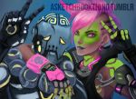  1boy 1girl alternate_costume arm_around_neck beads dark_skin earrings facepaint gloves hoop_earrings humanoid_robot jewelry los_muertos_sombra lowres mohawk omnic overwatch pink_eyes pink_hair prayer_beads robot sam_(sketchbook) sombra_(overwatch) v zenyatta_(overwatch) 