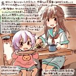  2girls ahoge brown_eyes brown_hair commentary_request cup dated hamster kantai_collection kirisawa_juuzou kuma_(kantai_collection) multiple_girls neckerchief non-human_admiral_(kantai_collection) purple_hair red_eyes red_neckerchief red_shirt sailor_collar school_uniform serafuku shirt short_sleeves shorts sitting tama_(kantai_collection) traditional_media translation_request twitter_username younger 