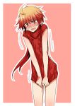  1boy ahoge aran_sweater backless_outfit blush commentary_request covering covering_crotch dress embarrassed fate/grand_order fate_(series) gradient_hair halterneck highres looking_down male_focus multicolored_hair open-back_dress rama_(fate/grand_order) red_eyes redhead ribbed_sweater sketch solo sweat sweater sweater_dress trap two-tone_background undersized_clothes virgin_killer_sweater 