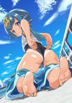 1girl adjusting_clothes adjusting_swimsuit artist_request ass barefoot blue_eyes blue_hair blue_sky blush dutch_angle feet fisheye hair_ornament highres jpeg_artifacts kneeling looking_back outdoors pants_pull pokemon pokemon_(game) pokemon_sm sailor_collar sky soles solo suiren_(pokemon) swimsuit tan toes wet 