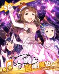  3girls artist_request brown_eyes brown_hair butterfly butterfly_earrings card_(medium) character_name crown dress earrings elbow_gloves gloves idolmaster idolmaster_million_live! jewelry long_hair makabe_mizuki microphone mini_crown miyao_miya multiple_girls purple_hair short_hair signature white_dress white_gloves yellow_eyes 