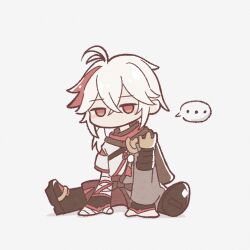  ... 1boy antenna_hair armor asymmetrical_sleeves bandaged_arm bandaged_hand bandages black_footwear black_gloves black_scarf blush brown_shorts chibi commentary_request crossed_bangs fingerless_gloves genshin_impact gloves grey_haori hair_between_eyes haori highres japanese_armor japanese_clothes jitome kaedehara_kazuha kimono long_hair long_sleeves low_ponytail male_focus mismatched_sleeves multicolored_hair no_mouth now_shika pom_pom_(clothes) ponytail red_eyes red_scarf redhead sandals scarf short_sleeves shorts shoulder_armor sidelocks simple_background single_sode sitting sode solo speech_bubble spoken_ellipsis streaked_hair tassel uneven_sleeves white_background white_hair white_kimono wide_sleeves 