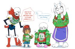1girl 1other 2022 2boys 2d ambiguous_gender anthro black_pants blue_shorts brothers brown_hair character_print christmas christmas_sweater digital_media english_text female floppy_ears frisk_(undertale) full_body fur furry furry_female gloves goat goat_ears goat_girl goat_horns green_sweater hand_on_own_hip headpat highres horns human humanoid long_sleeves male mammal monster monster_boy monster_girl oversized_clothes pants papyrus_(undertale) poetax red_gloves red_scarf sans_(undertale) scarf short_hair shorts siblings simple_background skeleton sleeves_past_wrists speech_bubble standing striped striped_pants sweater tapping_foot text thumbs_up toriel turtleneck turtleneck_sweater undead undersized_clothes undertale utdr_(toby_fox) white_background white_fur white_horns white_stripes