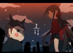  1boy 1girl bangs black_eyes black_hair black_hat blunt_bangs blush_stickers brown_hair cat_hat character_name cigarette countdown cowboy_shot dangan_ronpa embers from_below glowing half-closed_eyes harukawa_maki hat height_difference highres hoshi_ryouma jacket leather leather_jacket letterboxed long_hair looking_back low_twintails mole mole_under_eye mouth_hold new_dangan_ronpa_v3 night number plaid plaid_skirt red_eyes remireiha school_uniform scrunchie serafuku short_hair skirt skyline sleeves_rolled_up twintails 