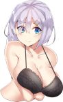  1girl bare_shoulders black_bra blue_eyes blush bra breast_press breasts cleavage closed_mouth hair_between_eyes hair_ornament hair_over_eyes hairclip hamakaze_(kantai_collection) kantai_collection large_breasts rinaka_moruchi short_hair silver_hair simple_background smile solo underwear white_background 