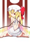  1girl backless_outfit blonde_hair bow commentary_request crystal dress flandre_scarlet frilled_hat frills halterneck hat hat_bow hat_ribbon highres kagayama_hajime kneeling looking_at_viewer looking_back naked_sweater open-back_dress open-chest_sweater red_eyes red_ribbon ribbon side_ponytail smile solo sweater sweater_dress touhou virgin_killer_sweater white_hat wings 