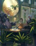  1boy 2girls ana_(overwatch) bangs brown_eyes brown_hair cake cat child dark_skin dress earrings fingerless_gloves flaurel food gas_mask gloves highres jewelry mask multiple_girls overwatch pharah_(overwatch) plant roadhog_(overwatch) short_hair sitting tattoo tea text white_hair younger 