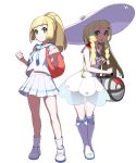  2girls backpack bag blonde_hair braid clenched_hands dress dual_persona duffel_bag full_body green_eyes hat highres leaning_forward lillie_(pokemon) long_hair multiple_girls open_mouth pokemon pokemon_(game) pokemon_sm ponytail shirt skirt sleeveless sleeveless_dress smile spoilers sun_hat tonami_kanji transparent_background twin_braids white_dress white_hat white_shirt white_skirt 