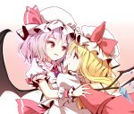  2girls bat_wings blonde_hair blush bow commentary_request face-to-face flandre_scarlet gem hat hat_bow hat_ribbon incest looking_at_another miko_embrace minust mob_cap multiple_girls open_mouth purple_hair red_bow red_eyes red_ribbon remilia_scarlet ribbon siblings sisters touhou wings wrist_cuffs yuri 