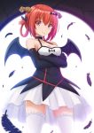  1girl :3 bare_shoulders bat_hair_ornament black_feathers black_gloves breasts choker cleavage demon_girl demon_horns demon_wings dress elbow_gloves feathers gabriel_dropout gloves hair_ornament hair_rings highres horns kazenokaze kurumizawa_satanichia_mcdowell long_hair looking_at_viewer medium_breasts red_eyes redhead smile solo thigh-highs white_legwear wings 