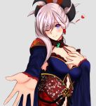  1girl asymmetrical_hair blush breasts choker cleavage earrings fate/grand_order fate_(series) floral_print hair_ornament hand_on_own_chest heart japanese_clothes jewelry kimono long_hair long_sleeves magatama miyamoto_musashi_(fate/grand_order) navel one_eye_closed open_hand outstretched_hand pink_hair sash simple_background smile solo violet_eyes yamikyon 