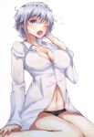  1girl anastasia_(idolmaster) black_panties blue_eyes breasts highres idolmaster idolmaster_cinderella_girls large_breasts navel one_eye_closed panties ryuu. shirt short_hair silver_hair simple_background solo underwear white_background white_shirt yawning 