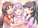  2017 3girls ^_^ ^o^ black_hair blush brown_hair cat_hair_ornament closed_eyes dated girl_sandwich group_hug hair_ornament hairclip hand_on_another&#039;s_head hikawa_shou himekawa_yuki hood hoodie hug idolmaster idolmaster_cinderella_girls kbyd_(idolmaster_cinderella_girls) kobayakawa_sae koshimizu_sachiko long_hair multiple_girls open_mouth petting ponytail purple_hair sandwiched short_hair signature smile 