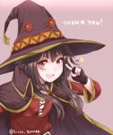  1girl :d black_hair cape celebration collar disco_brando dress face_painting fingerless_gloves gloves hat kono_subarashii_sekai_ni_shukufuku_wo! looking_at_viewer megumin open_mouth red_eyes short_hair smile solo thank_you thigh-highs twitter_username v witch_hat 