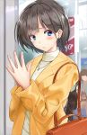  bag blue_eyes blush brown_hair earrings expressionless fingers_together handbag hands_together highres jacket jewelry kinugasa_yuuichi necklace original own_hands_together short_hair solo_focus turtleneck 