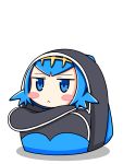 1girl :&lt; backpack bag bangs blue_eyes blue_hair blush_stickers chagama_(tyagama0927) chibi hairband highres in_bag in_container looking_at_viewer open_bag pokemon pokemon_(game) pokemon_sm shadow short_hair simple_background solo suiren_(pokemon) trial_captain white_background 
