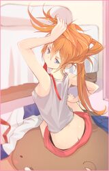  1girl arm_up ass bed blue_skirt blurry blush_stickers border breasts butt_crack depth_of_field eyebrows_visible_through_hair from_behind grey_shirt head_tilt highres holding holding_hair long_hair looking_at_viewer looking_back midriff mouth_hold noraico original pillow pleated_skirt red_ribbon ribbon school_uniform serafuku shirt shirt_removed sitting skirt skirt_removed small_breasts solid_oval_eyes solo stuffed_toy tank_top white_shirt 