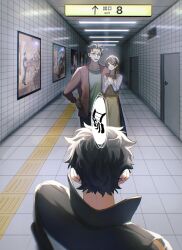  1girl 2boys air_vent apron black_hair brown_hair ceiling_light crossover door exit_sign family glasses green_shirt hallway highres indoors jacket jouge2983 multiple_boys natsuki_kenichi natsuki_naoko natsuki_subaru parody poster_(object) purple_shirt re:zero_kara_hajimeru_isekai_seikatsu red_jacket shirt smile the_exit_8 tile_floor tile_wall tiles yellow_apron 