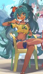  1girl :d alternate_skin_color aqua_eyes aqua_hair beach bikini bikini_under_clothes brazilian_flag brazilian_flag_print brazilian_miku can chair drink_can earrings eyewear_on_head flag_print flower glasses green_trim guarana_antarctica hair_flower hair_ornament hatsune_miku holding holding_can jewelry k3nzoteruta looking_at_viewer navel on_chair open_mouth shirt shorts sitting smile swimsuit tan tanlines twintails vocaloid yellow_shirt 