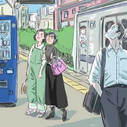  2boys 2girls bag belt black_bag black_footwear black_hair black_pants black_skirt building commentary_request dmohashi folded_ponytail green_overalls hand_in_pocket handbag holding holding_bag jewelry long_skirt looking_up multiple_boys multiple_girls necklace open_mouth original outdoors overalls pants pink_bag shirt shirt_tucked_in short_hair skirt tactile_paving train vending_machine white_footwear white_shirt 