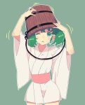  1girl ;( blush_stickers bucket bucket_on_head colored_eyelashes green_background green_eyes green_hair japanese_clothes jean_(jean_sp) kimono kisume obi object_on_head older one_eye_closed sash short_kimono short_twintails simple_background tears touhou twintails wide_sleeves 