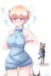  2girls ? adapted_costume animal_ears artist_name backless_outfit bangs bare_shoulders blonde_hair blue_eyes blue_sweater blush blush_stickers boots brave_witches breasts closed_mouth collarbone cowboy_shot dress eila_ilmatar_juutilainen ermine ermine_ears ermine_tail eyebrows_visible_through_hair flying_sweatdrops halterneck hand_to_own_mouth hand_up highres large_breasts legs_apart long_hair long_sleeves looking_at_viewer military military_uniform multiple_girls nikka_edvardine_katajainen no_bra nyaku open-back_dress pantyhose ponytail ribbed_sweater short_hair sideboob simple_background sleeveless smile smirk solo standing strike_witches sweater sweater_dress tail torn_clothes torn_sweater turtleneck turtleneck_sweater uniform virgin_killer_sweater white_background white_legwear world_witches_series 