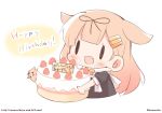  1girl :d birthday_cake blonde_hair cake commentary_request cream cream_on_face fang food food_on_face fruit hair_flaps hair_ornament hair_ribbon hairclip happy_birthday kantai_collection long_hair momoniku_(taretare-13) open_mouth remodel_(kantai_collection) ribbon scarf school_uniform serafuku smile strawberry the_yuudachi-like_creature tongue tongue_out twitter_username white_scarf yuudachi_(kantai_collection) |_| 