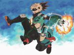  2boys bakugou_katsuki black_footwear black_mask blonde_hair bodysuit boku_no_hero_academia boots commentary_request electricity explosion eye_mask freckles from_side full_body full_cowling_(boku_no_hero_academia) gaagyeo gloves green_bodysuit green_eyes green_gloves green_hair highres hood hood_down hooded_bodysuit knee_pads korean_commentary male_focus midoriya_izuku multiple_boys open_mouth red_eyes short_hair spiky_hair twitter_username white_gloves 