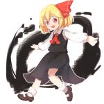  1girl :d abukawa_honpo ascot black_skirt blonde_hair darkness hair_ribbon highres long_sleeves open_mouth outstretched_arms red_eyes ribbon rumia shirt short_hair skirt smile spread_arms touhou vest white_shirt 