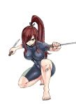  1girl bandaid barefoot bodysuit breasts brown_eyes cleavage erza_scarlet fairy_tail feet large_breasts long_hair mashima_hiro ponytail redhead solo sword weapon 