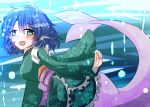  1girl blue_eyes blue_hair drill_hair green_kimono head_fins japanese_clothes kimono mermaid monster_girl obi open_mouth oshiaki sash short_kimono solo swimming touhou underwater wakasagihime wide_sleeves 