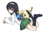  1girl bangs black_hair black_legwear blouse brown_eyes full_body girls_und_panzer green_skirt ikomochi long_hair long_sleeves looking_at_viewer lying mareep miniskirt neckerchief no_shoes on_stomach parted_lips pleated_skirt pokemon reizei_mako school_uniform serafuku simple_background skirt socks white_background white_blouse 