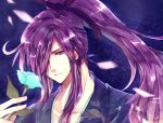  1boy blue_eyes flower hair_over_one_eye kamui_gakupo kimono looking_at_viewer purple_hair ribbon smile solo tagme very_long_hair vocaloid wallpaper 