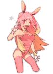  1girl ;d animal_ears breasts bunnysuit cleavage fate/grand_order fate_(series) gloves long_hair looking_at_viewer one_eye_closed open_mouth pink_eyes pink_hair pink_legwear rabbit_ears riyo_servant_(bunnygirl) simple_background smile solo thigh-highs w white_background wonakira 